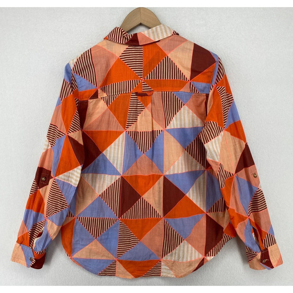 MAEVE ANTHROPOLOGIE Top L Patchwork Shirt Button Front Roll Tab Sleeve Pink Blue - Picture 3 of 16